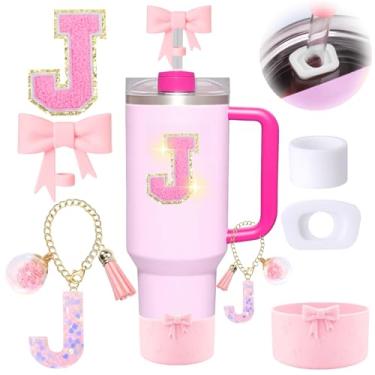 Imagem de 6 peças de acessórios rosa para copo Stanley, decorações para copo de 30/1,134 g com alça, inclui tampa e bota de cobertura de palha de laço, pingente de iniciais, adesivo de letra, tampa à prova de