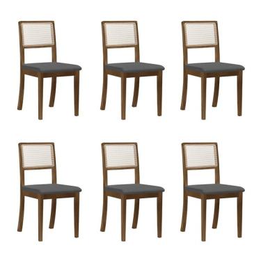 Imagem de Kit 6 Cadeiras De Jantar Luxo Palha Estofadas Linho Cinza Com