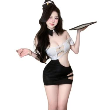 Imagem de QNCLO Saia feminina cosplay secretaria boate sexy abraçando o quadril anime professor cosplay roupa íntima, Preto, branco 2, Tamanho Único
