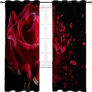Imagem de Cortina blecaute rosa vermelha com ilhós, padrão de pétalas caindo, tecido impermeável, 2 painéis por grupo são usados na sala de estar ou quarto, L 152 x C 182 cm vermelho e preto