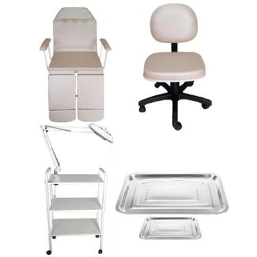Imagem de Kit Bege Para Podologia Cadeira Luminária Com Exaustor Carrinho Mocho 
