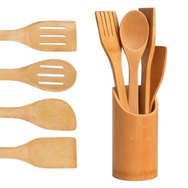 Imagem de Kit de Utensílios de Cozinha com 5 Peças em Bambú e Suporte Natural Ecológico Resistente ao Calor Design Sofisticado Material Durável e Não Pega Cheiro Garfo Colher Espátula Receita Colher de Pau