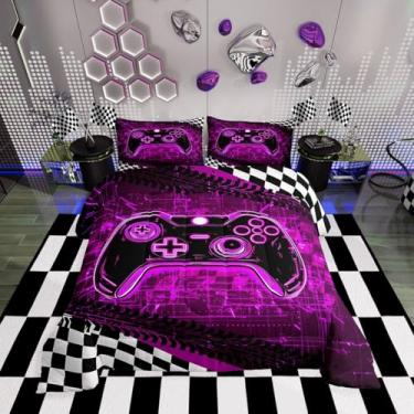 Imagem de Jogo de cama casal 3D, abstrato, para meninos, crianças, adolescentes, videogame, roxo, preto, neon, conjunto de edredom com bandeira de competição, preto e branco