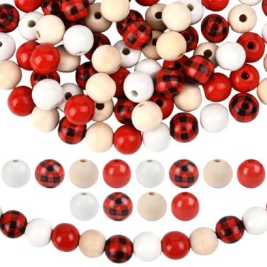 Imagem de SOFPLATE 200 peças, 4 cores, contas de madeira coloridas de Natal, guirlanda, contas de madeira, esfera redonda natural, 16 mm, pequena, colorida, lisa, espaçadores, acessórios para guirlanda de