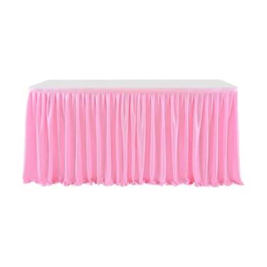 Imagem de Saia de mesa plissada de poliéster opcional de 6 pés/9 pés, toalha de mesa de jantar com babados, verde e rosa, para decoração de mesa de casamento, banquete, festa de aniversário, rosa, 9 pés, 78 x