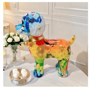 Imagem de Escultura de poodle de resina, ornamentos de filhotes, estatuetas colecionáveis, decoração de mesa para escritório, artesanato, presentes criativos para amigos e amantes de crianças (azul laranja)