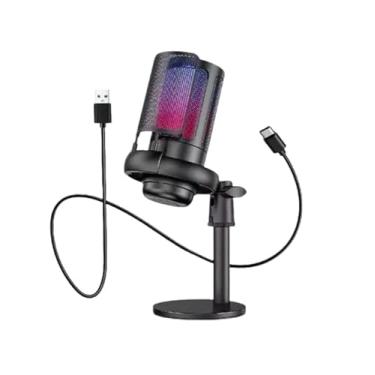 Imagem de Microfone Condensador USB RGB para Streaming, Podcast e Gaming, Padrão Cardioide, Base Ajustável (Preto)