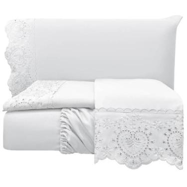 Imagem de Jogo de Lençol King Bordado Ingles 300 Fios Nupcias 4 Peças - Branco -