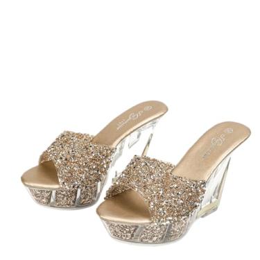 Imagem de mclubgirl Sandálias femininas plataforma de cristal, salto transparente, alça dourada com glitter, 10 cm de altura, Dourado, 36