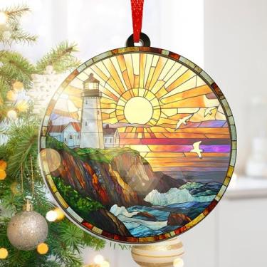 Imagem de Enfeite de pôr do sol do farol – lindo design de paisagem costeira – decoração redonda de 10 cm – ideia perfeita para casa ou presente