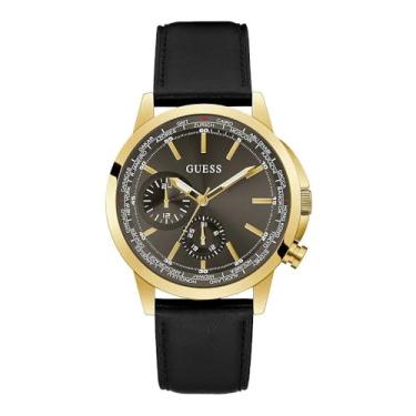 Imagem de GUESS Relógio masculino multifuncional de couro preto e dourado US, Preto
