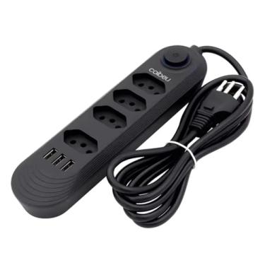 Imagem de Régua de Energia com 4 Tomadas Brasileiras, 3 Portas USB, 2500W, Proteção Infantil, Controle de 1 Botão, Preto