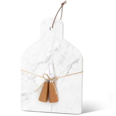 Imagem de Patelai Conjunto de 3 tábuas de corte de mármore, tábua de queijo branco, charcutaria, com garfo de faca, 30,5 x 20,3 x 1,3 cm, bandeja de servir de pedra com alça para cozinha, pastelaria, carne