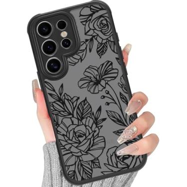 Imagem de Yomjew Lindas Linhas Pretas Flor Capa de Telefone para Samsung Galaxy S24 Ultra 5G Feminino Capa Feminina 17.3 cm, Estampa Floral Estética Design Translúcido Fosco Capa Silicone Rígido PC Proteção