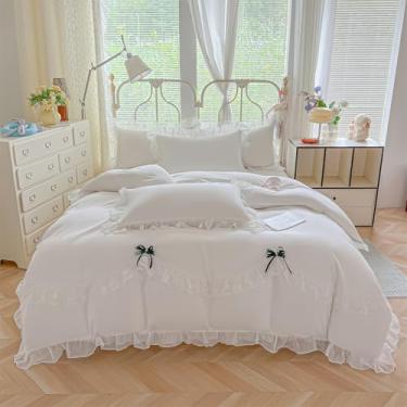 Imagem de MOOWOO Jogo de cama de renda com babados e gravata borboleta fofa - 3 peças (1 capa de edredom completa 203 x 232 cm, 2 fronhas) Roupa de cama estética para casamento francês romântico