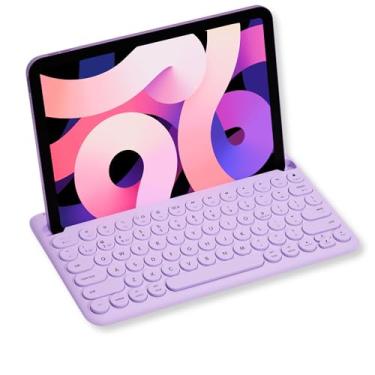 Imagem de Macally Teclado Bluetooth sem fio pequeno para iPad Mini/Air/Pro, iPhone, tablet e telefone - Teclado iPad de 78 teclas com suporte integrado - compatível com vários dispositivos universais - roxo