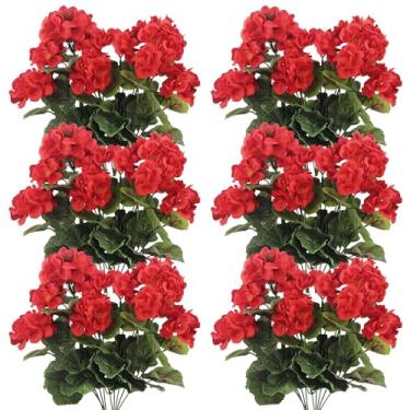 Imagem de 12 peças, gerânios, flores artificiais, gerânios realistas, flor de seda artificial de 35,5 cm para ambientes externos, jardim, pátio, túmulo, vaso de cemitério, mesa, centro de mesa, rosa vermelha