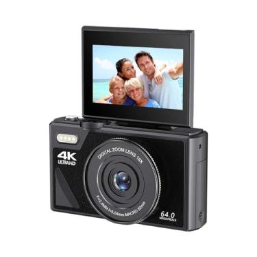 Imagem de Câmera digital de 64 MP para fotografia e vídeo: câmera vlogging 4K para YouTube com tela flip de 7 cm e cartão TF de 32 GB, câmera digital com zoom digital 16X para presente (preto)