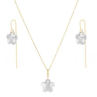 Imagem de Conjunto Corrente  Colar 45cm Flor Cristal Pingente Brinco Ouro 18k - 
