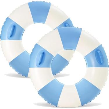Imagem de Boias infláveis listradas azuis para adultos - pacote com 2 boias grandes listradas, tubos de piscina, transparentes com alças, boia inflável para piscina, festa, lago praia, adultos (listras)