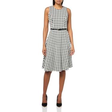 Imagem de Tommy Hilfiger Vestido midi feminino sem mangas de couro sintético justo e flare, Preto/pérola, 42