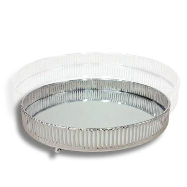 Imagem de Bandeja Decorativa Redonda Luxo Espelhada em Metal Estampa Grelha para Lavabo, Banheiro e Decoração de Mesa (Prata)