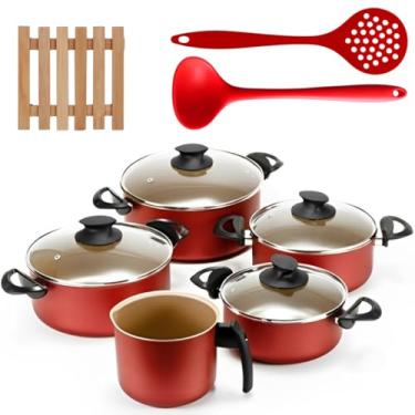 Imagem de Jogo de Panelas 05 Peças Antiaderentes C/Tampas de Vidro + 05 Descansos Quadrados + Concha e Escumadeira Vermelha