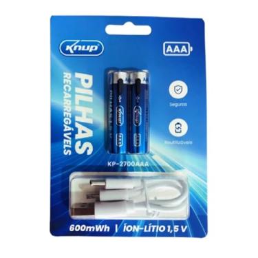 Imagem de 2 Pilhas Recarregáveis Knup AAA 1.5V de Lítio com Carregamento Direto via Cabo USB-C e LED Indicador de Carga