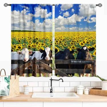 Imagem de Cortinas de vaca de fazenda, animais de fazenda rústicas, gado leiteiro, girassol, paisagem rural, estilo rural, cortinas de janela vintage para café, quarto, sala de estar, cozinha, banheiro, 2