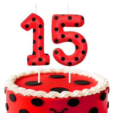Imagem de Velas de aniversário de joaninha número 15, topo de bolo de bolinhas vermelhas e pretas para meninos e meninas, decorações de aniversário, suprimentos de festa, velas numéricas para decoração de festa