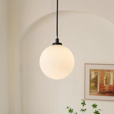 Imagem de PiWWPi Lustre moderno de meados do século, 1 lustre de teto de vidro globo de luz, luz pendente preta, lâmpada de cabeceira blecaute esférica branca para ilha de cozinha, quarto, sala de estar, sala