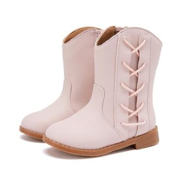 Imagem de BMCiTYBM Botas de cowgirl para meninas pequenas, botas ocidentais de cano médio, botas de caubói, bico fino, sapatos de equitação, 3 - Rosa, 19
