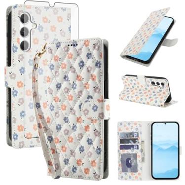Imagem de Asuwish Capa de celular para Samsung Galaxy A35 5G carteira celular com protetor de tela de vidro temperado porta-cartão de flores com suporte fino protetor A 35 35A A355G mulheres homens flores