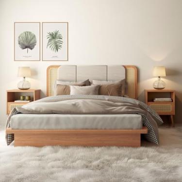 Imagem de Dalla Costa, Kit Cabeceira Estofada Casal ou Queem 2 Mesas Lateral com Palha Natural MDF Freijó Dalla Costa