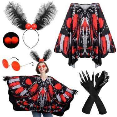 Imagem de MOVINPE Mottenmann Fantasia para mulheres adultas - roupa de criptídeo de Halloween com asas capa, faixa de cabeça de antenas com olhos LED, óculos vermelhos, luvas de manga longa festa cosplay