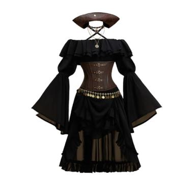 Imagem de MEOWCOS Women's Halloween Costume Black Pirate Style Suit Strapless Dress with Corset and Hat Medieval Dress