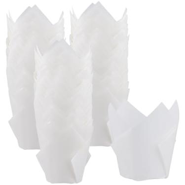 Imagem de ZEONHEI 400 peças de copos de tulipa, mini forros de cupcake à prova de gordura para casamento, festas de aniversário (branco)