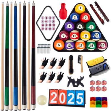 Imagem de HEYBALL Kit de acessórios de bilhar com 77 peças – bastões de sinuca, bolas, rack de triângulo, giz, pincéis, placar manual – Kit multifuncional para usar em sala de jogos em casa