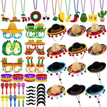 Imagem de Fovths 72 Peças De Suprimentos Para Festa Mexicana. Lembrancinhas Mexicana Incluem Tecido, Palha, Sombrero, Tiaras, Colares, Óculos, Bigodes, Maracas Plástico, Pulseiras Silicone, Decoração Cinco Ma