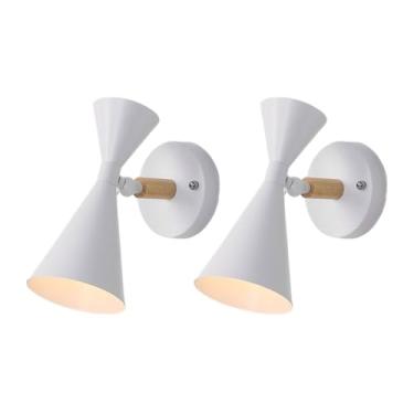 Imagem de Pacote com 2 arandelas modernas, luminária de parede para quarto infantil, cor macaron, luminária de cabeceira nórdica de madeira maciça, luz de leitura giratória em 350°, arandelas de metal