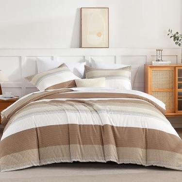 Imagem de Andency Conjunto de edredom king size cinza-acastanhado – 7 peças, listrado, leve em uma bolsa, microfibra macia reversível, jogo de cama com edredom, lençol de cima, fronhas e fronhas