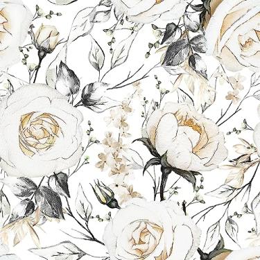 Imagem de BEETAL Papel de parede vintage branco pálido branco/amarelo floral peônia rosa cinza folha descascar e colar papel de parede fácil de remover papel de contato adesivo para banheiro, impermeável,