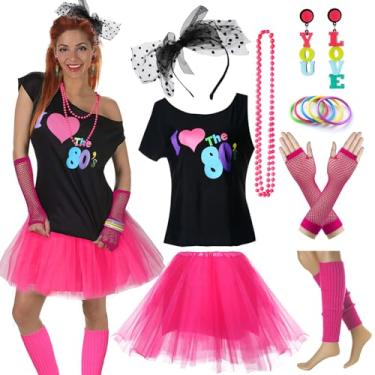 Imagem de CSG Acessórios de fantasia Pop Diva dos anos 80 para mulheres, roupa de festa de Madonna, Rosa choque anos 80, One Size