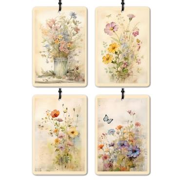 Imagem de GTYNU Purificador de ar para carro de flores silvestres de arte folclórica 4 peças, aromatizador de ar para pendurar flores cottagecore para carros, armário, gaveta, livros, acessórios de carro