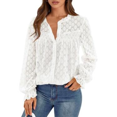 Imagem de Blusa PRETTYGARDEN de renda de manga comprida com ilhó branco para mul