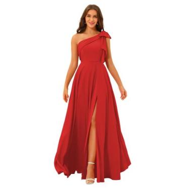 Imagem de Vestido de dama de honra BITALY vermelho de cetim de um ombro plus siz