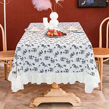Imagem de 8SSAZZAT Toalha de mesa floral com babados de algodão e linho V - Capa de mesa com acabamento de babados para cozinha, casa de fazenda, uso rústico para banquete, casamento, sala de estar, quarto