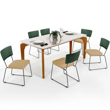 Imagem de Mesa Capri 160cm Off White E 6 Cadeiras Allana B05 Facto Verde Musgo Linho Bege Escuro - Lyam Decor