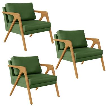 Imagem de Kit 03 Poltronas Decorativa Sala Pietra Com Estrutura Madeira L02 Facto Verde Musgo - Lyam Decor