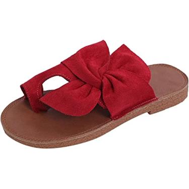 Imagem de Chinelos casuais anel plano feminino dedo do pé sandálias laço, 1 Vermelho, 4.5